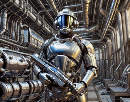 chrometech , metallic , chrome , scifi <lora:ChromeTech-21:0.6>  hydrotech , scifi <lora:HydroTech-20:0.35>  , , ,, (masterpiece:1.1),[Night, Abandoned Mine, A man with a shaved head, a thick beard, and a grim expression, wearing a mining helmet and carrying a pickaxe, searching for valuable resources in the dark and dangerous tunnels.], , , ,
