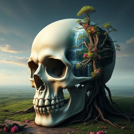 Photo of a skull looking towards the bottom left of the picture, the skull has with a big hole on his right side, inside the skull there is a beautiful waterfall with flowers and trees, there are trees roots coming out on the skull, masterpiece, 8k