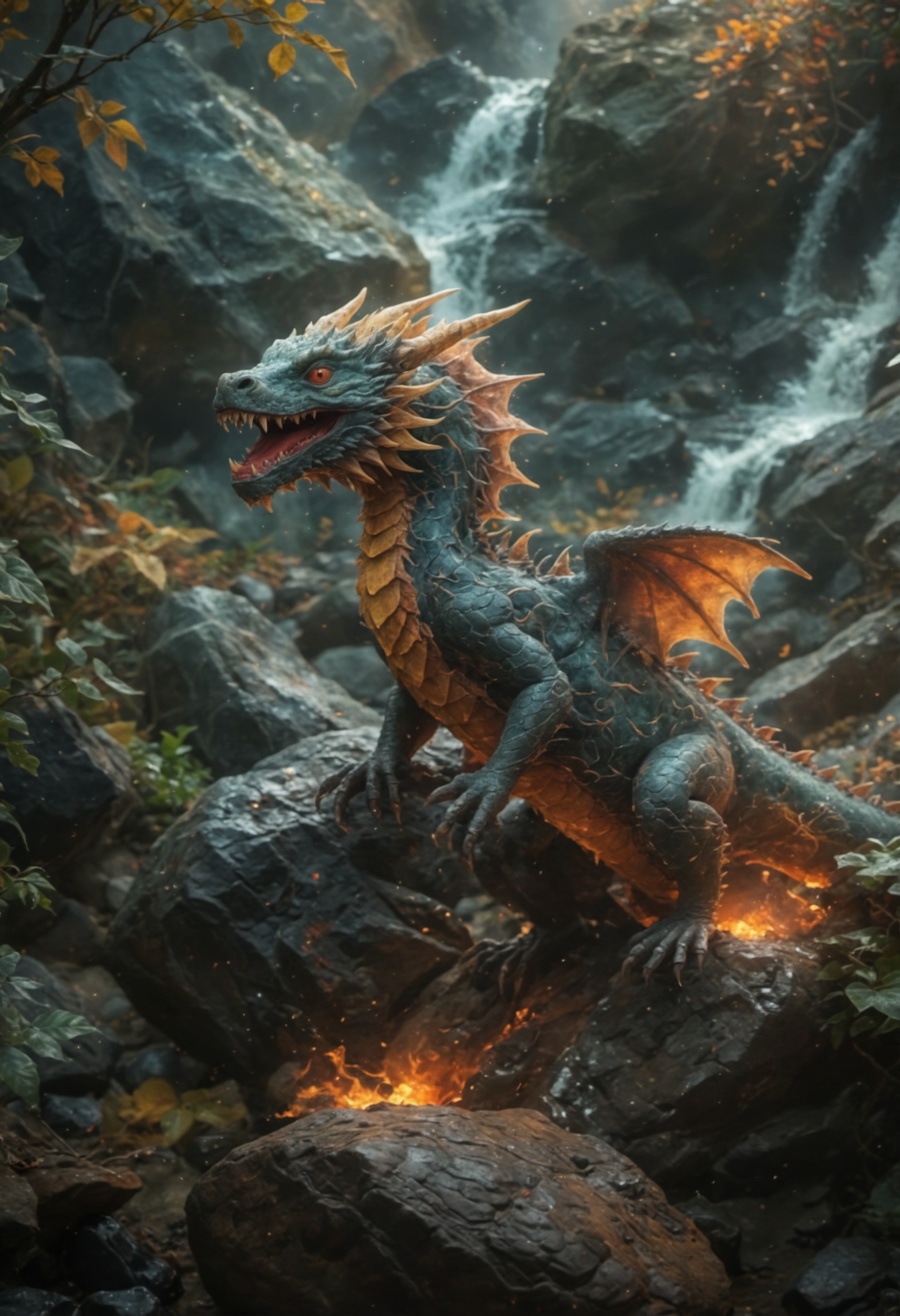 a green dragon, the dragon is sitting on a black rock with its body facing towards the right side of the image.