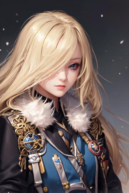 highres, sharp focus, pixiv masterpiece, ((intricate details)), highly detailed, olivier_mira_armstrong, 1girl, upper body, (hair over one eye:1.2), blonde hair, long hair, lips, blue coat, jacket, military uniform, white gloves,<lora:Olivier Mira Armstrong v1_1:0.7>