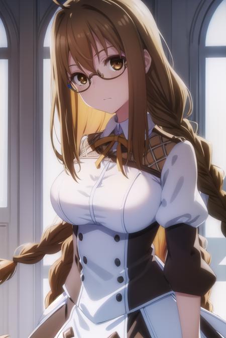 toukatoudou, <lora:touka toudou s1-lora-nochekaiser:1>,
touka toudou, long hair, brown hair, very long hair, braid, twin braids, glasses, (brown eyes:1.5), ahoge,
BREAK skirt, long sleeves, school uniform, juliet sleeves,
BREAK indoors, classroom,
BREAK looking at viewer, (cowboy shot:1.5),
BREAK <lyco:GoodHands-beta2:1>, (masterpiece:1.2), best quality, high resolution, unity 8k wallpaper, (illustration:0.8), (beautiful detailed eyes:1.6), extremely detailed face, perfect lighting, extremely detailed CG, (perfect hands, perfect anatomy),