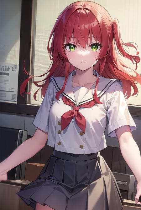 kitaikuyo, <lora:ikuyokita-lora-nochekaiser:1>, 
ikuyo kita, (green eyes:1.5), hair between eyes, long hair, one side up, red hair, (flat chest:1.2), smile,
BREAK black footwear, black skirt, grey sailor collar, pleated skirt, sailor collar, school uniform, shoes, short sleeves, shuka high school uniform, skirt,,
BREAK indoors, classroom,
BREAK looking at viewer, (cowboy shot:1.5),
BREAK <lyco:GoodHands-beta2:1>, (masterpiece:1.2), best quality, high resolution, unity 8k wallpaper, (illustration:0.8), (beautiful detailed eyes:1.6), extremely detailed face, perfect lighting, extremely detailed CG, (perfect hands, perfect anatomy),