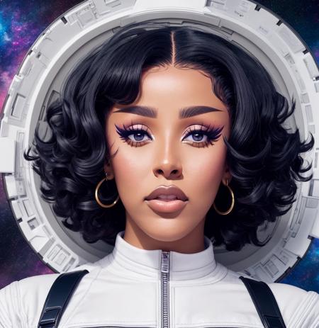 Doja Cat wearing a space outfit, ,wearing makeup and eyeliner, photorealistic, 4k, UHD, inside a space ship, high quality, RAW photo, cinematic quality, (((full body view)))<lora:Doja Cat:1>