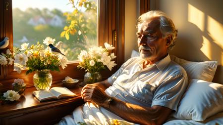 an elderly man peacefully lying in bed,warm soft sunlight streaming through the window,birds sitting on the windowsill,quiet and serene room,delicate flowers on the bedside table,the man's face showing peace,calm,and contentment,soft lighting,golden sunlight,cozy atmosphere,gentle shadows,a sense of love and respect in the air,calm expression,gentle wrinkles,relaxed posture,soft bed linens,peaceful morning light,the beauty of life's final moments,warm tones,harmonious composition,nature outside the window,birds chirping softly,a sense of completion and fulfillment,masterpiece:2,best quality,ultra highres,original,extremely detailed,perfect lighting,<lora:detailed_notrigger:1>,<lora:xl_more_art-full_v1:1>,<lora:MJ52_v2.0:0.5>,