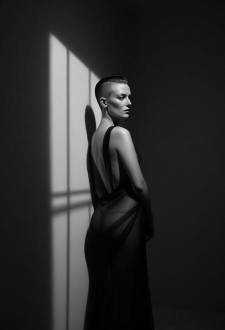 A strikingly beautiful woman, her bare back subtly revealed through a strategically draped, sheer black silk gown that clings to her form. She is dramatically lit by a single, powerful spotlight from above, casting long, elegant shadows that dance across her sculpted figure and the wall behind her, emphasizing the curve of her spine and the delicate line of her shoulders. The high contrast of light and profound darkness sculpts her every contour, creating a moody, intimate, and intensely alluring atmosphere. Her expression is enigmatic, with a hint of a smoldering gaze, and her hair is artfully disheveled, creating further intriguing shadows. Inspired by the stark, sensual mastery of Helmut Newton and the timeless, intimate portraits of Peter Lindbergh. Award-winning portrait photography, shot with a Hasselblad medium format camera, low key lighting, chiaroscuro, cinematic, rim light, spotlight, shower, shaved head, mohawk,