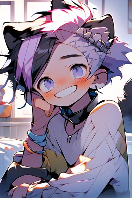 (masterpiece, best quality:1.2), illustration, absurdres, highres, extremely detailed, perfect face, 1boy, male focus, (adult male:1.2), sitting on bed, purple hair, short hair, messy hair, purple eyes, blue off the shoulder sweater, black sport shorts, bulge, black thigh highs, dog collar, flat chest, thick thighs, tall, smiling, looking at viewer, dog ears, dog tail, femboy, otoko no ko,