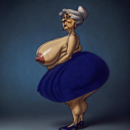 obese, elderly, woman, blue dress, black shoes, earrings, gray hair in a bun,
