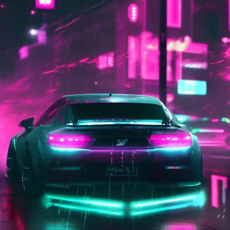 a photo of a car driving down a street at night with neon lights on it's side and a city in the background, art by carstestv3