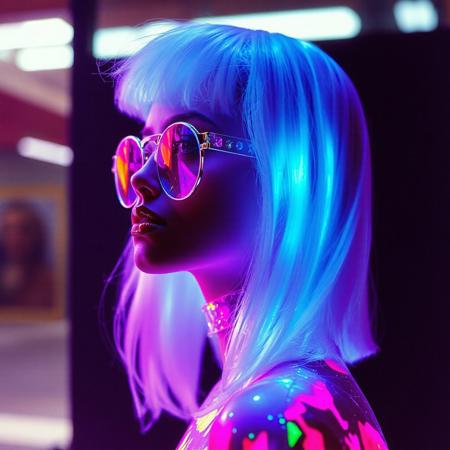 model , crystallisation, schizophernia, bioluminescent Jem the Hologram, surreal psychedelic flowing avant-garde art by Yoh Nagao and Erik Madigan Heck and Alan Aldridge, 1980's new wave totally radical fashion.,side view, side eye,