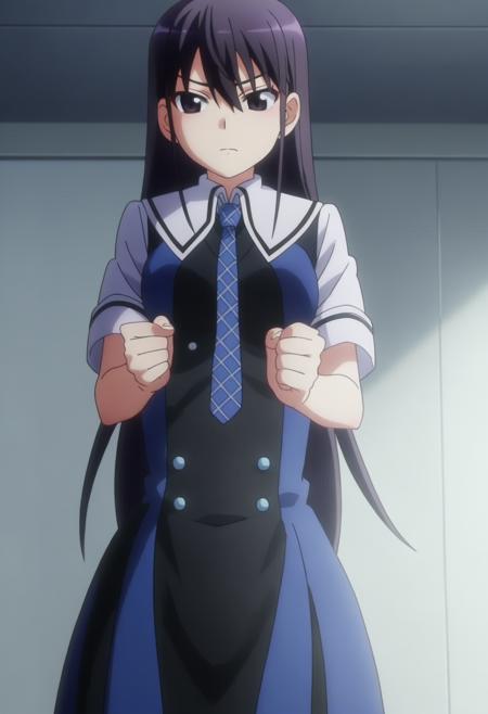 shiyumikonime, long hair, black hair, black eyes, school uniform, blue necktie, shirt, blue dress, thighs, shiyumikorng, long hair, black hair, black eyes, shiyuvisual, visual_style, long hair, purple eyes, black hair, purple hair,