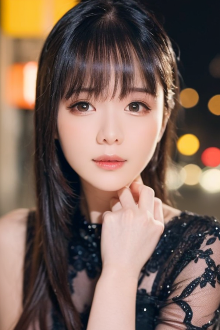 1girl,(wearing a glittery evening dress),(RAW photo, best quality), (realistic, photo-realistic:1.4), masterpiece, an extremely delicate and beautiful, extremely detailed, 2k wallpaper, Amazing, finely detail, extremely detailed CG unity 8k wallpaper, ultra-detailed, highres, soft light, beautiful detailed girl, extremely detailed eyes and face, beautiful detailed nose, beautiful detailed eyes,cinematic lighting,city lights at night,in tokyo downtown,perfect anatomy,soft light