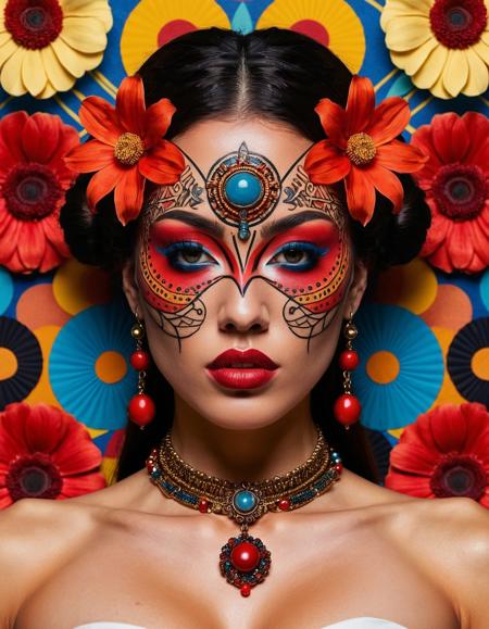 A photo-realistic shoot from a frontal camera angle about a woman with a surreal face design, surrounded by a collage of abstract patterns in red, yellow, and black. the image also shows a woman standing in the middle of the image, with her upper body facing the viewer. she has long brown hair, fair skin, and a neutral expression. her body is covered in intricate, colorful tattoos with flowers and patterns, including a large blue sphere at the center of her face, which appears to be a mask. her breasts are small and her nipples are visible. she is wearing a necklace with a zipper and earrings. the background features a circular pattern with various abstract designs, and the overall color scheme is predominantly red, black, and white.