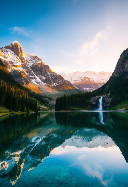 A breathtaking landscape with towering snow-capped mountains reflected in a crystal-clear alpine lake. The scene is bathed in the golden light of the setting sun, casting warm hues across the sky. Lush green forests surround the lake, and a waterfall cascades down from the mountains into the tranquil water below. The atmosphere is serene and awe-inspiring.