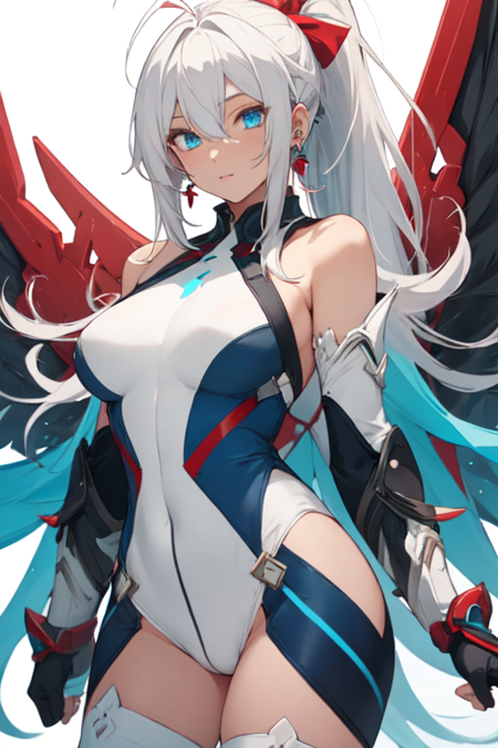 KianaSentinel, 1girl, solo, long hair, white hair, ponytail, blue eyes, white thighhighs, gloves, gauntlets, hair between eyes, bare shoulders, white bodysuit with red lining, jewelry, earrings, antenna hair, cyan wings, [medium breasts], 