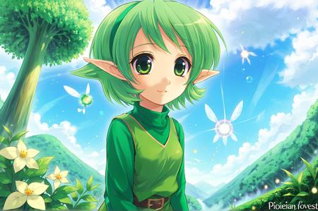 saria green hair, pointy ears, short hair, tunic