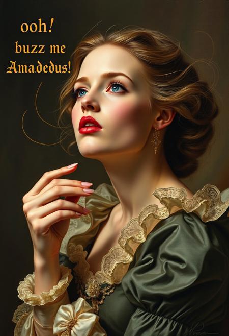 Classical oil painting of a woman enthralled by Mozart's music, her (lips are rounded) . Gothic text reads "ooh! BUZZ me Amadeus!"
She is wearing an elaborate high-class higwaisted neoclassical dress that is tasteful and elegant, sharp high cheekbones and lustful blue eyes. 
SFW.