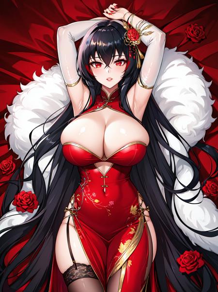 1girl, dress, black hair, red eyes, long hair, taihou \(azur lane\), cleavage, solo, flower, looking at viewer, thighhighs, armpits, on back, bangs, lying, red dress, chinese clothes, huge breasts, china dress, very long hair, parted lips, arms up, feather boa, garter straps, rose, hair ornament, cleavage cutout, red flower, low neckline, hair between eyes, red nails, clothing cutout, detached sleeves, thighs, skindentation, nail polish, pelvic curtain, bridal,soyincapazz,<lora:soyincapazz-v1.7-lora-any-6ep-resize:0.7>