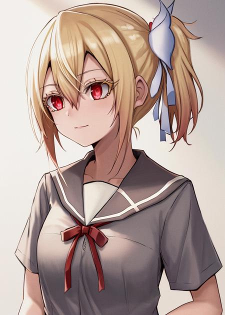 <lora:Fuyou_Yuuna-10:0.8>,Fuyou_Yuuna, 1girl, solo, blonde hair, hair ornament,red eyes,thick eyelashes, hair between eyes,school uniform,hair ribbon,white shirt, short sleeves, serafuku, side ponytail, red ribbon, neck ribbon,white ribbon,