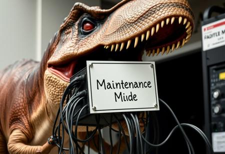 A Tyrannosaurus Rex with a server in its jaws and a bunch of cables in its hands.
a closeup sign says "Maintenance Mode"