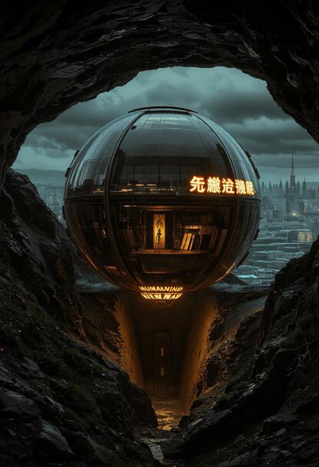 fully enclosed spherical building, levitating partially buried underground, sci-fi architecture, glowing neon sign "Humankind Datastorage AI Bookshell", post-apocalyptic environment, overgrown ruins, scorched earth, broken technology, desolate cityscape in background, mysterious atmosphere, cinematic lighting, dramatic shadows, concept art, ultra-detailed, 8k