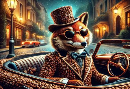 digital painting of a made of Coffee beans, cute fox in suit and bowtie, top hat and cutting edge sunglasses,  entirely made of retro sophistication texture, driving a convertible car, whimsical and magical atmosphere, soft lighting, highly detailed and stylized, concept art for a vintage charm-themed universe