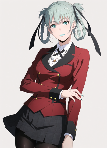 <lora:kakegurui_style_offset:1> kakegurui style, 1girl, aqua eyes, aqua lips, aqua nails, artist name, black pantyhose, black ribbon, black skirt, braid, breasts, hair ribbon, hair rings, hyakkaou academy school uniform, jacket, lipstick, long sleeves, looking at viewer, looped braids, makeup, medium breasts, nail polish, pantyhose, red jacket, ribbon, school uniform, short hair, simple background, skirt, upper body, ((masterpiece))