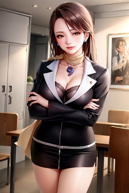 mia fey formal jacket pencil skirt scarf magatama necklace earrings cleavage