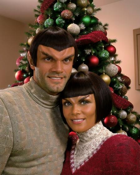 romulan, couple:1.2, couple portrait, husband and wife, 1boy, 1girl, pointy ears, tan olive skin, v-shaped brow ridge on forehead, short bob hair with straight bangs, wearing red white green christmas sweaters, medium shot, front view, celebrating christmas, christmas tree, wholesome, indoors, <lora:romulan_lora:0.8>