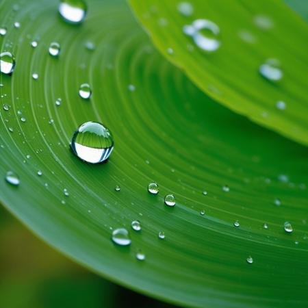 rolling water drops, round leaves, motion blur,close-up, extremly detailed