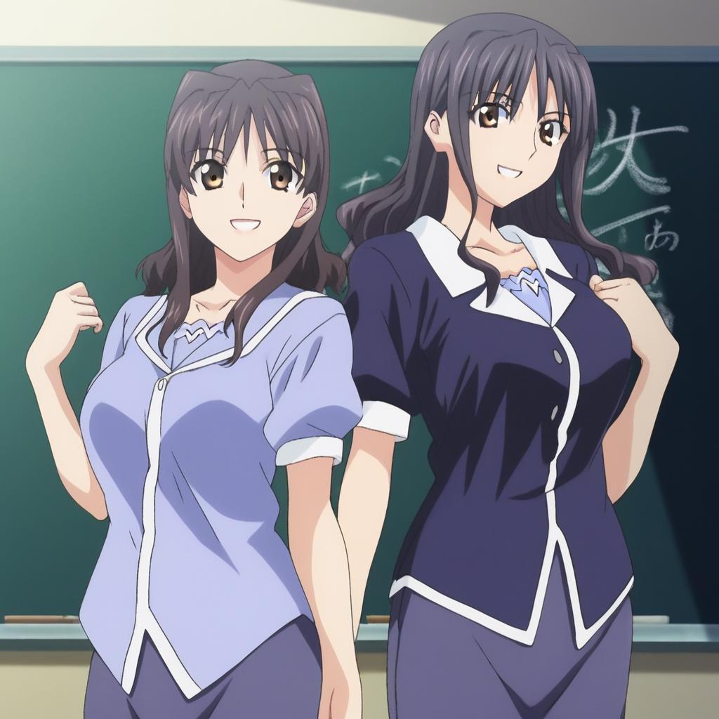 shi0ri,standing, smile, teacher, classroom blackboard, short sleeve, blue camisole,