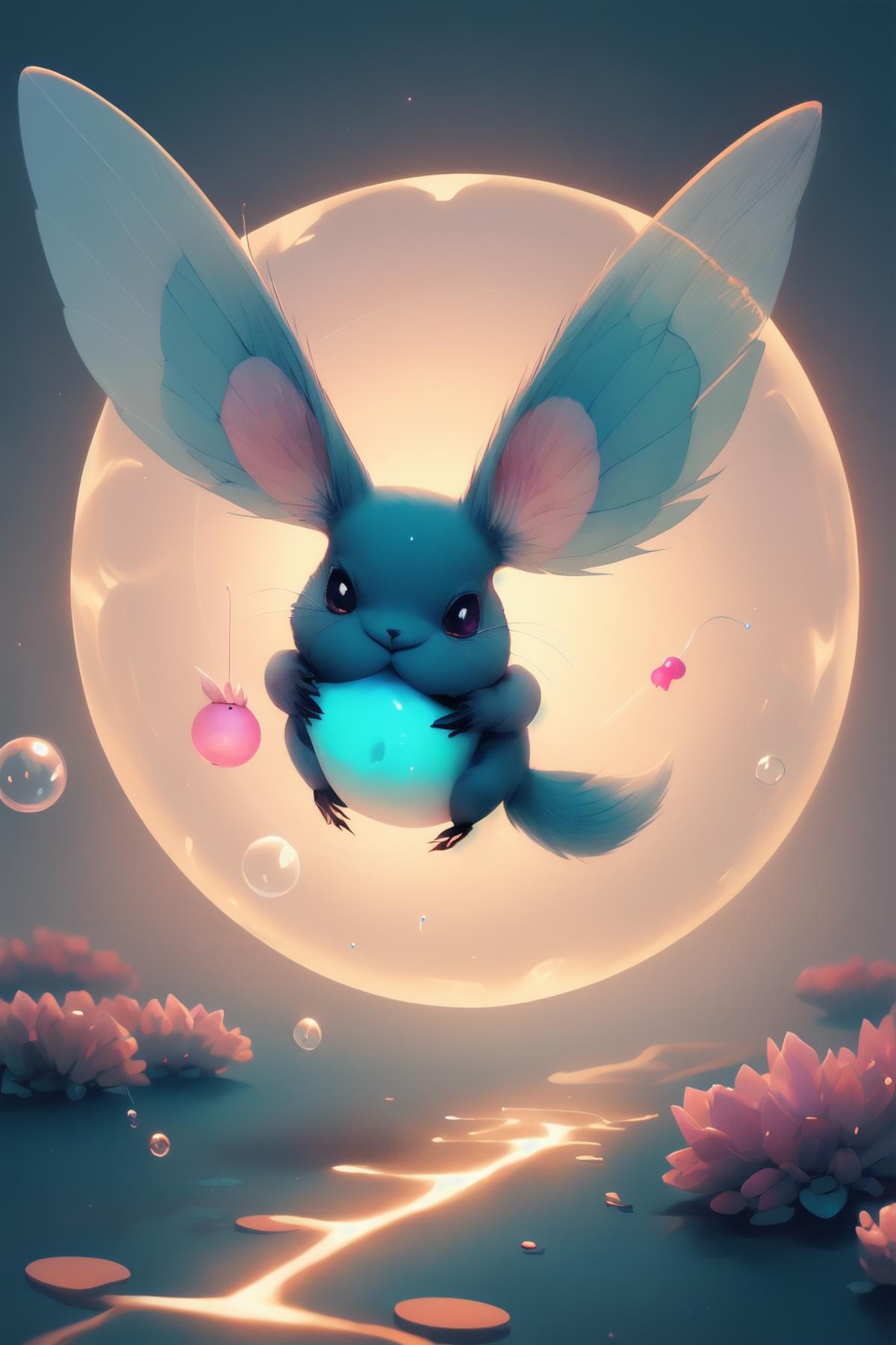 A cartoon blue mouse with wings sits inside a bubble.
