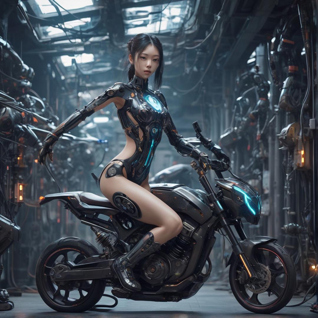 most beautiful cyborg girl with robot joints, solo, open jacket, leotard, portrait, dynamic pose, riding a bike, fusion of organic and machine aesthetics, biomechanical cyberpunk style, intricate, absurdres, dark, indoor, 8k uhd, surrealism, sheen, fragmented icons, bioluminescens color, by Greg Manchess