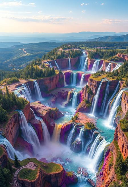 an intricate, impossible, vibrant and colourful photo-realistic landscape featuring a series of waterfalls that seem to defy gravity cascading into one another, and loop back upon themselves, set against a distant,  horizon of forests and mountains that fades into the upper atmosphere