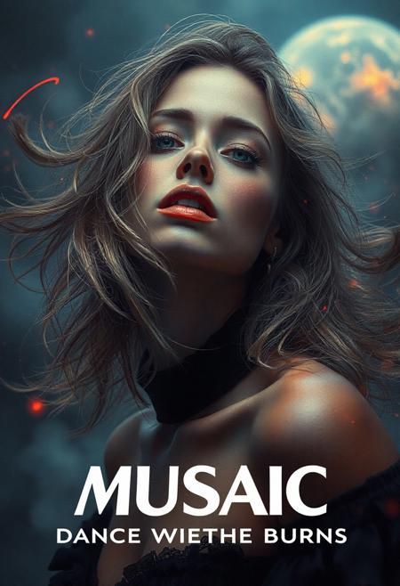 high quality design aesthetics, disco, synth pop, dynamic, detailed, pop album cover, melancholic, beautiful young white woman, artist name "MUSAIC", album title "Dance While The World Burns"