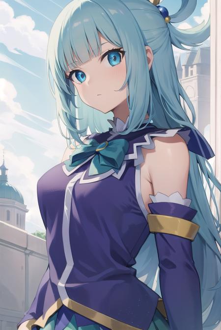 konosubaaqua, <lora:aquatest:1>, aqua, aqua eyes, aqua hair, hair bobbles, hair ornament, hair rings, long hair,
BREAK arm warmers, bow, bowtie, dress, green bow, green bowtie, miniskirt, pleated skirt, short dress, skirt, thighs,
BREAK looking at viewer,
BREAK outdoors, city,
BREAK <lora:GoodHands-vanilla:1>, (masterpiece:1.2), best quality, high resolution, unity 8k wallpaper, (illustration:0.8), (beautiful detailed eyes:1.6), extremely detailed face, perfect lighting, extremely detailed CG, (perfect hands, perfect anatomy),