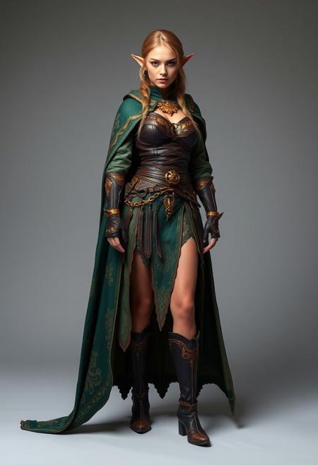 full shot, standing pose, female elf warrior, fashion costume, side opened skirt, extremely long cape, short skirt, sexy leather armour, oriental fabrics, green  and brown, golden ornaments, golden jewelry, golden embroidery,  neutral grey background