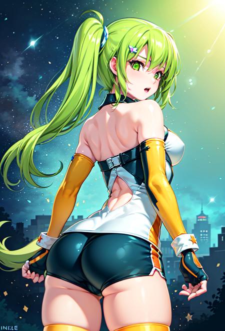 kitami erika green eyes, green hair, long hair, one side up, side ponytail hair ornament, 4th style, skirt, midriff, detached sleeves, belt star hair ornament, lincle, bare shoulders, gloves, shorts, elbow gloves, fingerless gloves, thighhighs 