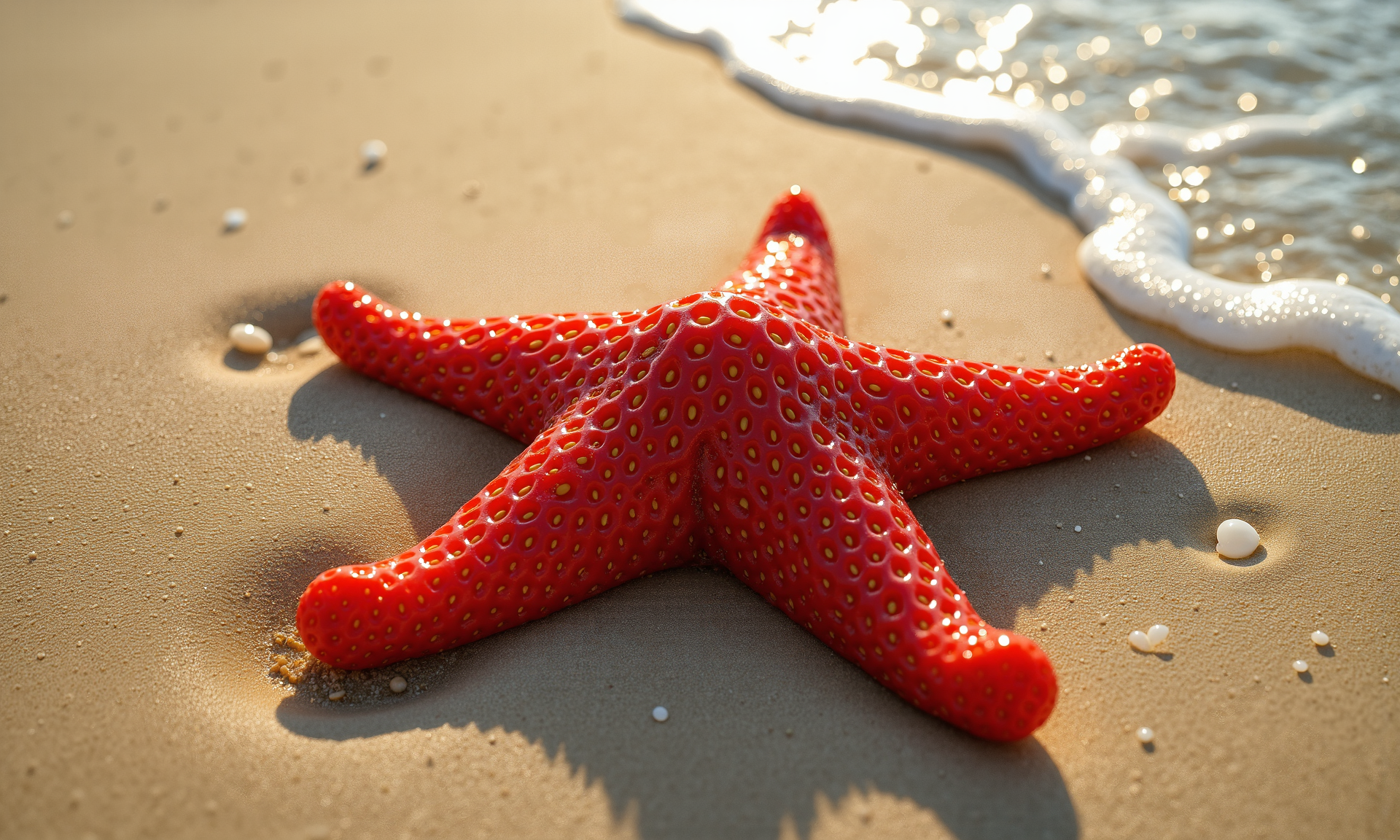 A bright red starfish with white spotted texture resembling a strawberry resting motionless on wet golden sand, while small shells and large sand particles are scattered around it. Foamy white ocean water with sparkling reflections approaches from the upper right of the frame, as natural lighting casts a distinct shadow of the starfish onto the sand below and creating golden highlights on the wet beach surface. 