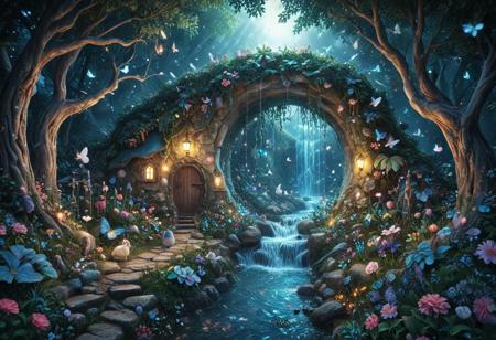 (Isekai anime style.Anime coloring.(0.9))In a whimsical world, a beautiful fairy garden blooms with vibrant flowers and sparkling fountains. A delicate, crystal bridge spans a gentle stream, leading to a majestic tree with leaves that shimmer like diamonds. A friendly, fluffy rabbit hops along the winding path, surrounded by fluttering butterflies and sweet, singing birds. The garden is filled with hidden treasures, like a tiny, glowing fairy door and a secret, shimmering cave. A soft, fluffy cloud drifts lazily across the sky, casting a warm, gentle shadow over the garden. The air is filled with the sweet scent of blooming flowers and the soft, soothing sound of gentle chimes. It's a peaceful, magical place where dreams come alive and wonder waits around every corner.master_class,master_piece,up_8,up_9,perfect beautiful,perfect beautiful early morning light.