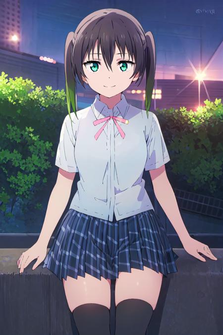 (best quality, masterpiece:1.2), 1girl, solo, (cowboy shot:1.2),  looking at viewer, standing, smile, sunlight, lens flare,  closed mouth, light on face, sky, blue sky, sitting,
 <lora:Takasaki Yuu SSU:1> takasaki yuu, nijigasaki academy school uniform, multicolored hair, green eyes, black thighhighs, twintails, black hair, short sleeves,  summer uniform, pink neck ribbon, hair between eyes