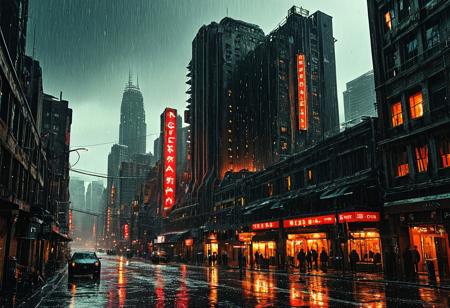 Vintage, Masterpiece, best quality, good quality, very aesthetic, absurdres, newest, 8K, depth of field, focused subject, a dystopian cityscape under a heavy rainstorm. The scene is dominated by a massive, rusted, and decaying sci-fi structure, in shades of red and dark, with a texture that suggests years of neglect. This structure appears to be a towering, vertical building with numerous windows and vents, some of which are cracked or missing. In the background, the cityscape features a mix of futuristic and industrial architecture, including towering strange skyscrapers and large, cylindrical structures, all covered in a thick layer of rain. The buildings are predominantly dark gray and black, with a few spots of light, possibly from streetlights or neon signs, adding contrast. The raindrops are depicted as tiny specks, creating a sense of heaviness and gloom. In the background, a silhouettes is partially visible, obscured by the rain, lurking, which hints at a dark fantasy or sci-fi element. The overall mood is bleak and desolate, with a focus on the harsh, gritty textures and the overwhelming presence of the rain.reflections, best quality, masterpiece, detailed, rich neon colors, glow, shimmer, cables, wires, color contrast, award-winning, disturbing, hard science fiction, lost technology, melancholy, sepia, fog.