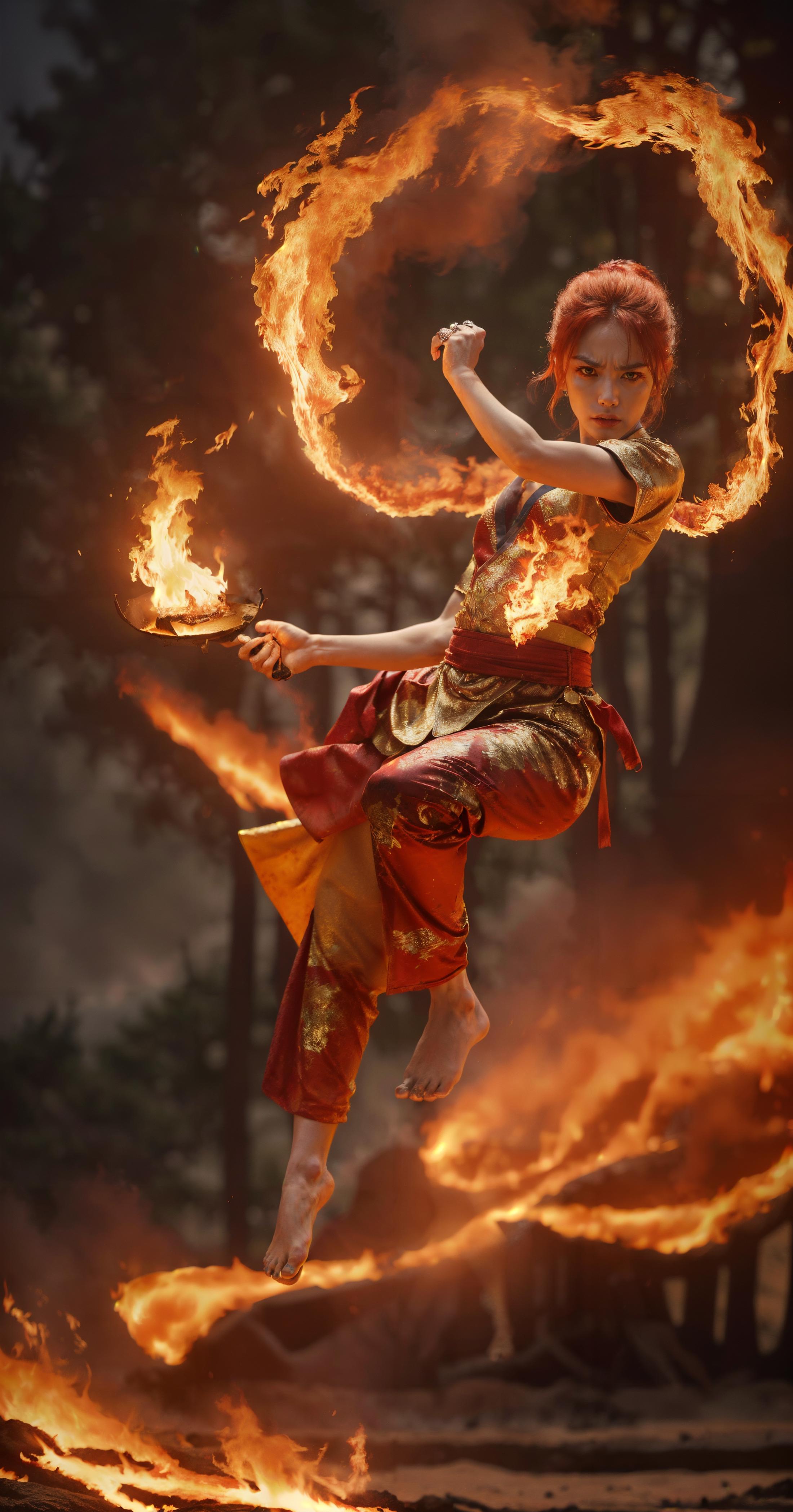 Woman with red hair and a golden dress performing a dance with fire.