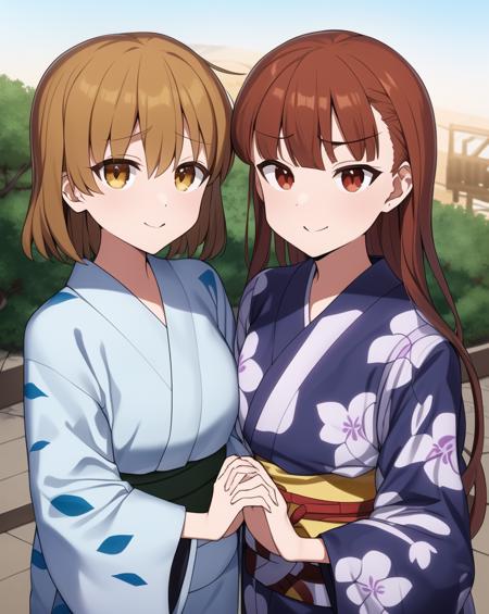 (Bfan1, Bofa2:1.1), fanart, ((2girls)),  masterpiece,   cowboy shot, multiple girls, outdoors, half body, yellow eyes, brown eyes, yukata, short hair, long hair
  <lora:bocchi_extract_conv02_linear001:1>