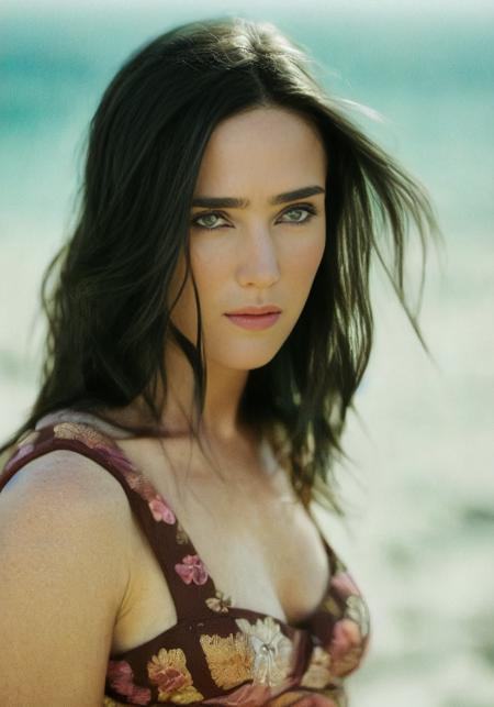 jennifer connelly (sharp focus:1.2), portrait, attractive young woman, (beautiful face:1.1), detailed eyes, luscious lips, (eye makeup:1.2), body freckles, (large breasts:1.0), (tight body:1.2), (brown hair:1.2), wearing (flowery dress:1.2) at (the beach:1.2). (morning sun lighting:1.2), depth of field, bokeh, 4K, HDR. by (James C. Christensen:1.2|Jeremy Lipking:1.1).