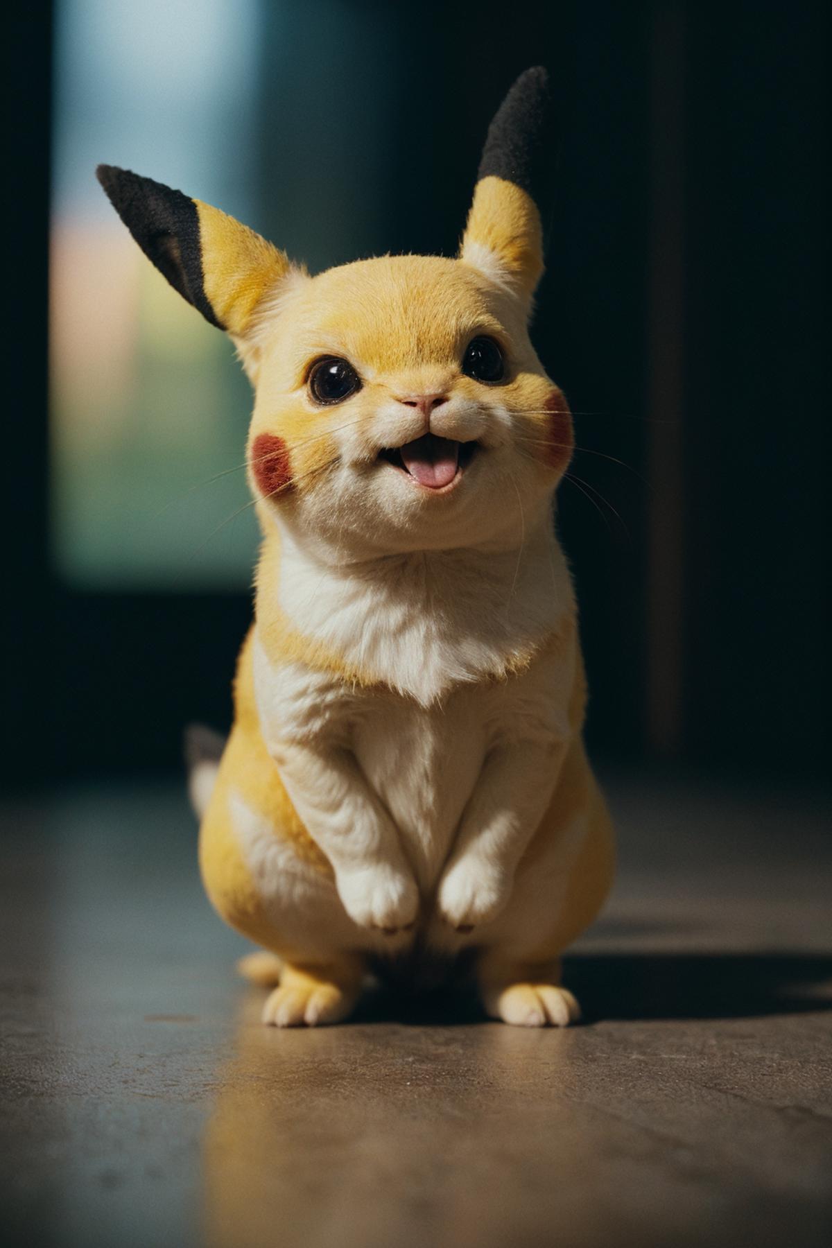 A yellow and white Pokemon Pikachu figurine with a black nose and ears, standing on a floor.
