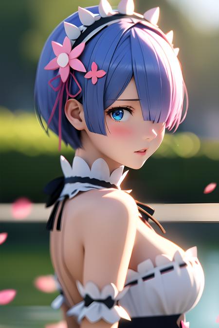 i want the whole image to be created in 3D anime style, 1girl, solo, breasts, looking at viewer, blush, short hair, bangs, blue eyes, hair ornament, dress, ribbon, medium breasts, blue hair, hair ribbon, upper body, flower, short sleeves, hairband, frills, parted lips, hair flower, hair over one eye, from side, lips, maid, maid headdress, petals, x hair ornament, pink ribbon, realistic, nose, rem (re:zero)