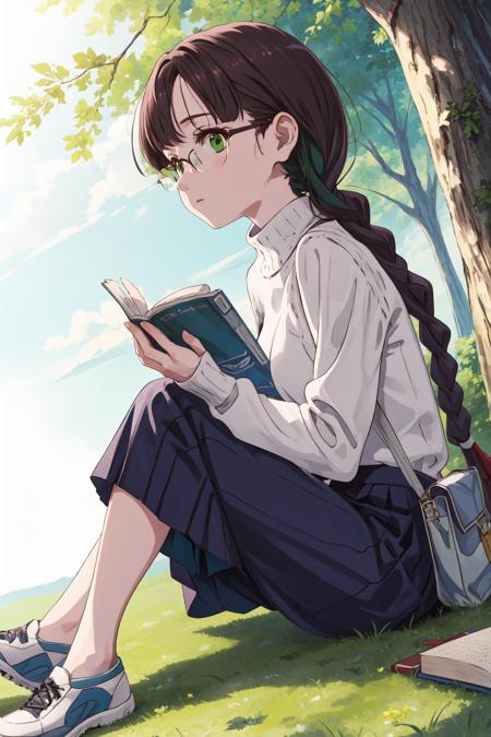 girl, (masterpiece:1.3), highres, high quality, highres, ultra-detailed, best quality,  (perfect face and eyes:1.2), (nice eyes), textured skin:1.2), (pixiv), (solo),<lora:takumi-08:0.7> , takumi,  glasses, green eyes, brown hair, 1braid, blue skirt, under a tree, sitting, book, reading,  sweater, pants, shoes, looking at another, <lora:more_details:0.5>