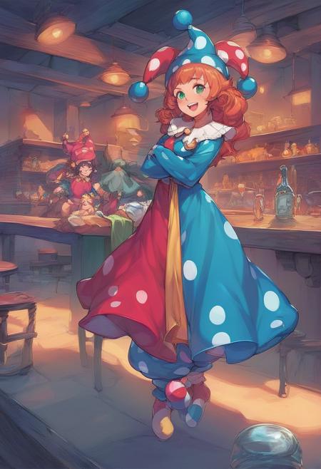score_9, score_8_up, score_7_up, zPDXLrl, (medium full shot) of (playful jester) young woman, arabian, tan skin, dark green eyes, willowy build, medium ginger side-swept hair, wearing a jester hat with bells, split-color robe with whimsical accents, jester shoes with jingle bells, juggling balls, set in  Comedy Club, intimate setting with small stage, tables for the audience, dim lighting, brick walls, bar in the corner, at night, woman laughing, arms crossed, best quality, raw photo, realistic, detailed face