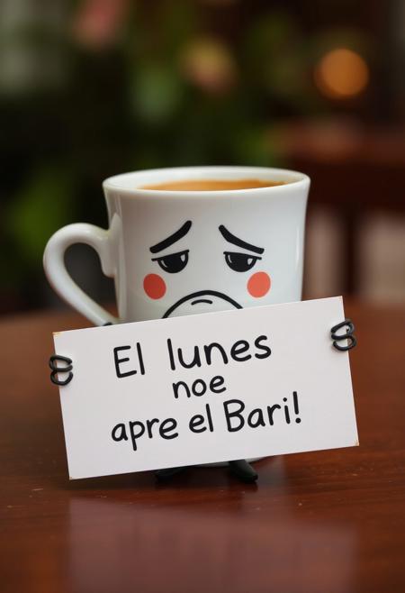 A coffee cup with a face, looking tired, holding a sign: “El lunes no abre el Bari!”
