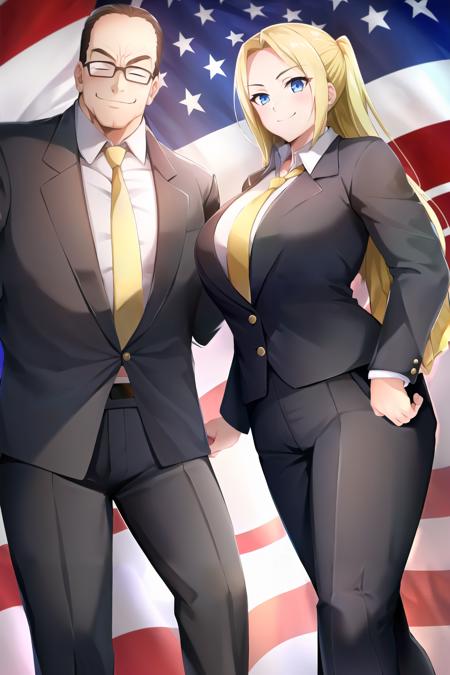 boy and girl smiling together for picture, 1boy, 1girl, <lora:senatorarmstrong-18:1> senatorarmstrong, muscular male, collared shirt, suit, black suit, american flag, formal, yellow necktie, smiling, v, standing,, Masterpiece, best quality